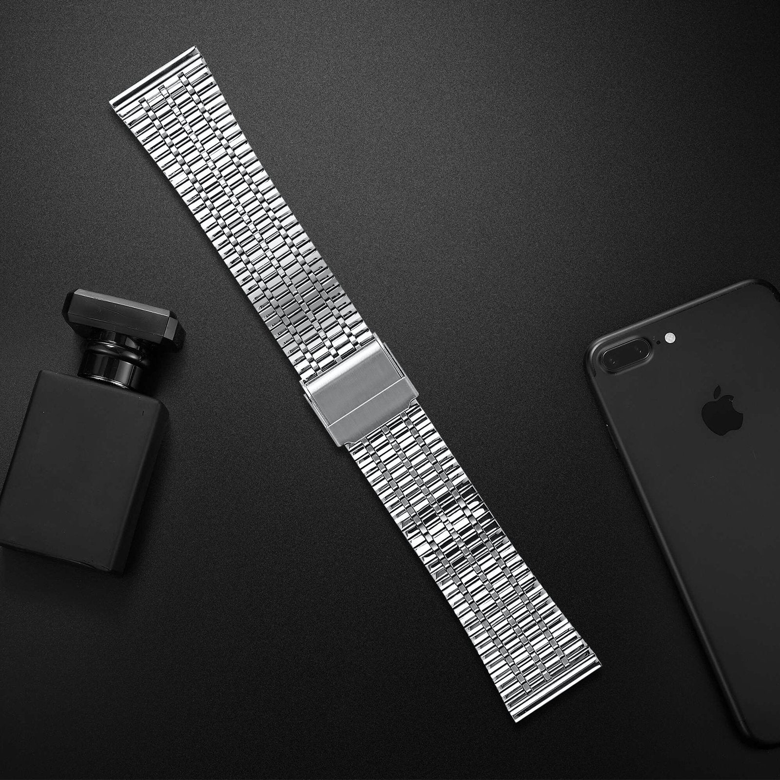 Fine Steel Strap, silver, laid flat, joined, 45° top view
