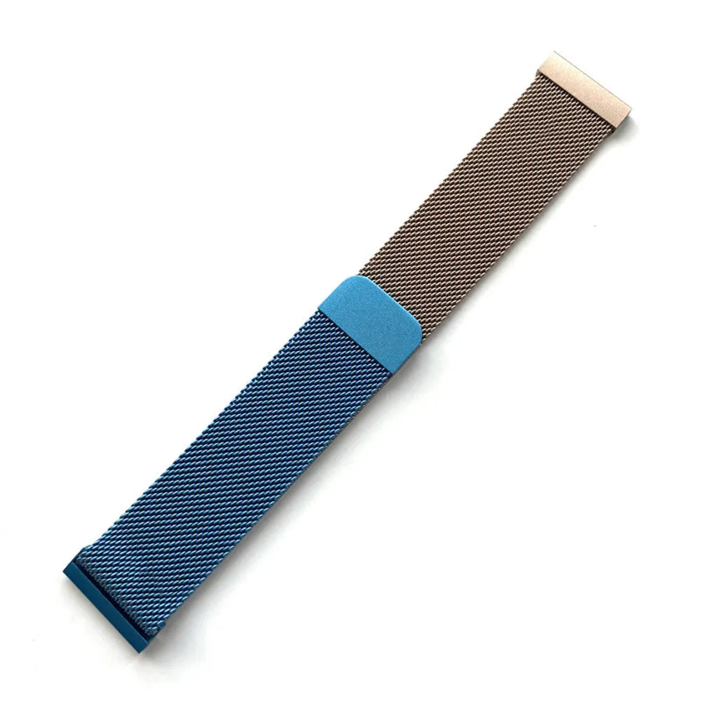 Milanese Strap, blue/gold, laid flat, joined, 45° top view