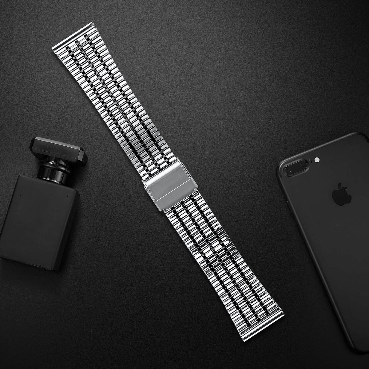 Fine Steel Strap, silver/black, laid flat, joined, 45° top view