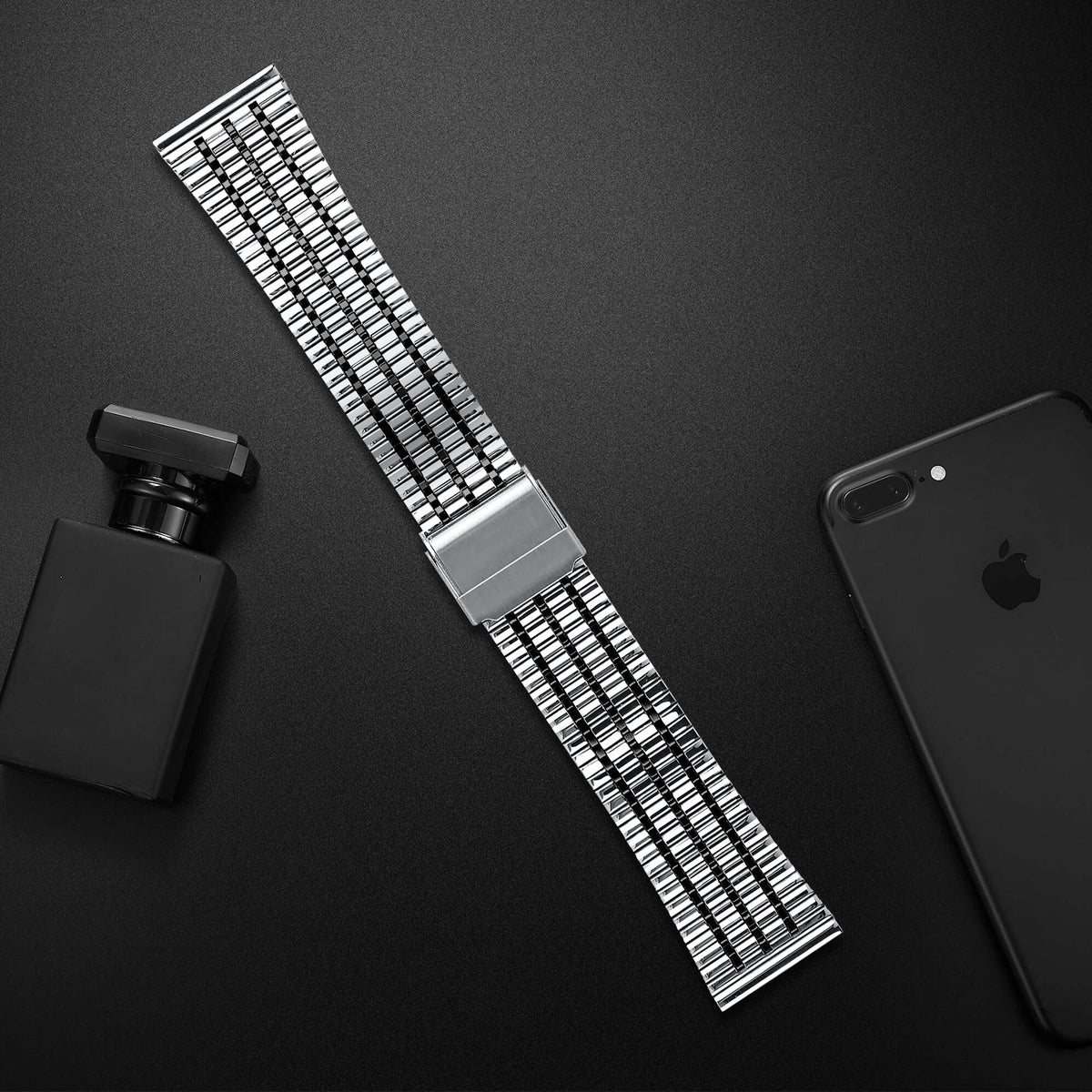 Fine Steel Strap, silver/black, laid flat, joined, 45° top view