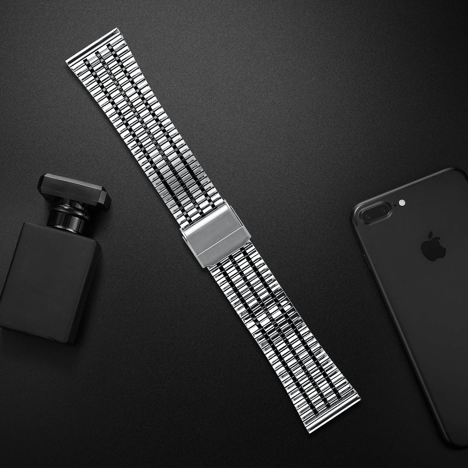 Fine Steel Strap, silver/black, laid flat, joined, 45° top view