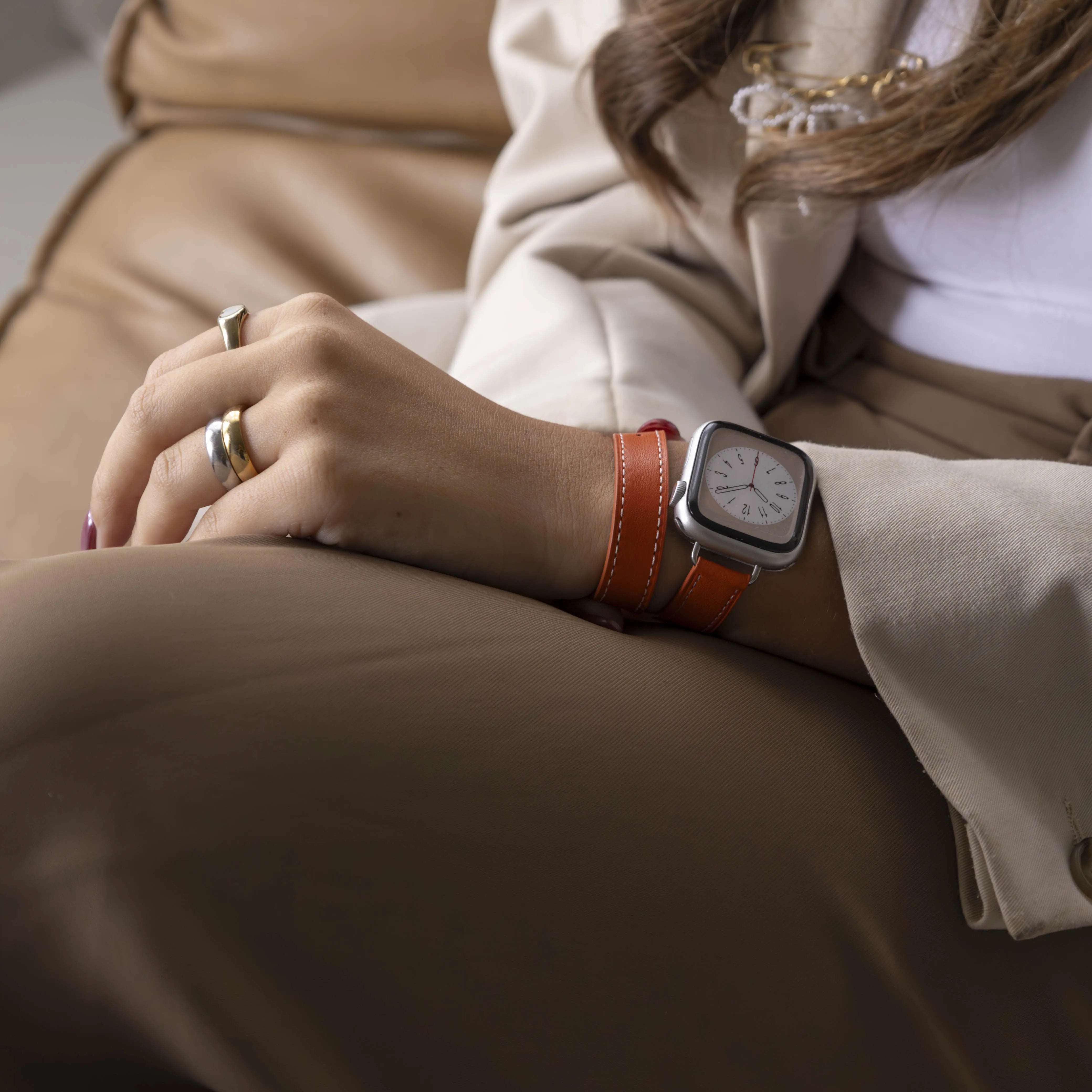 Apple Watch Leather Double Tour Strap (Orange)