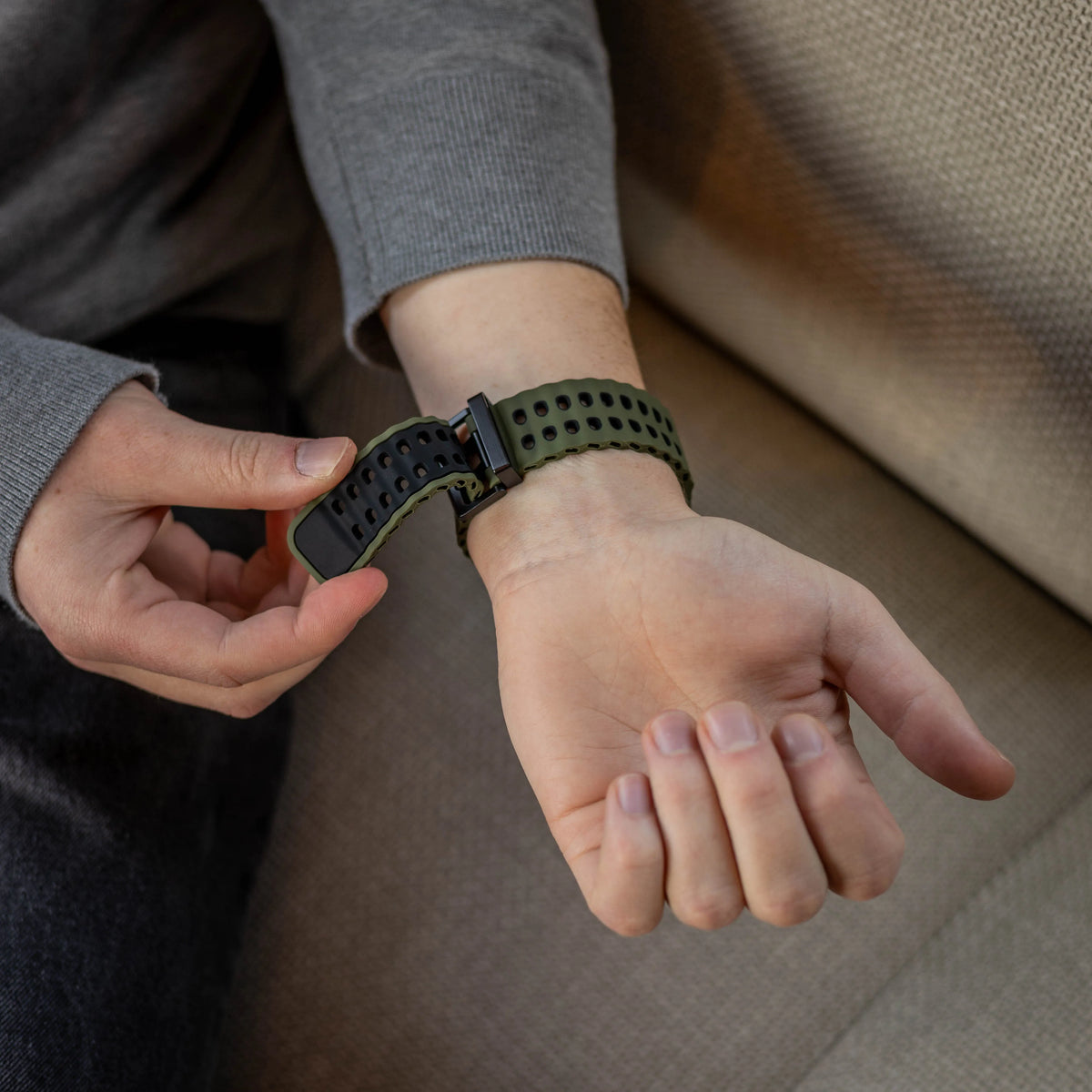Wave Silicone Strap Duo, olive green/black, lifestyle photo
