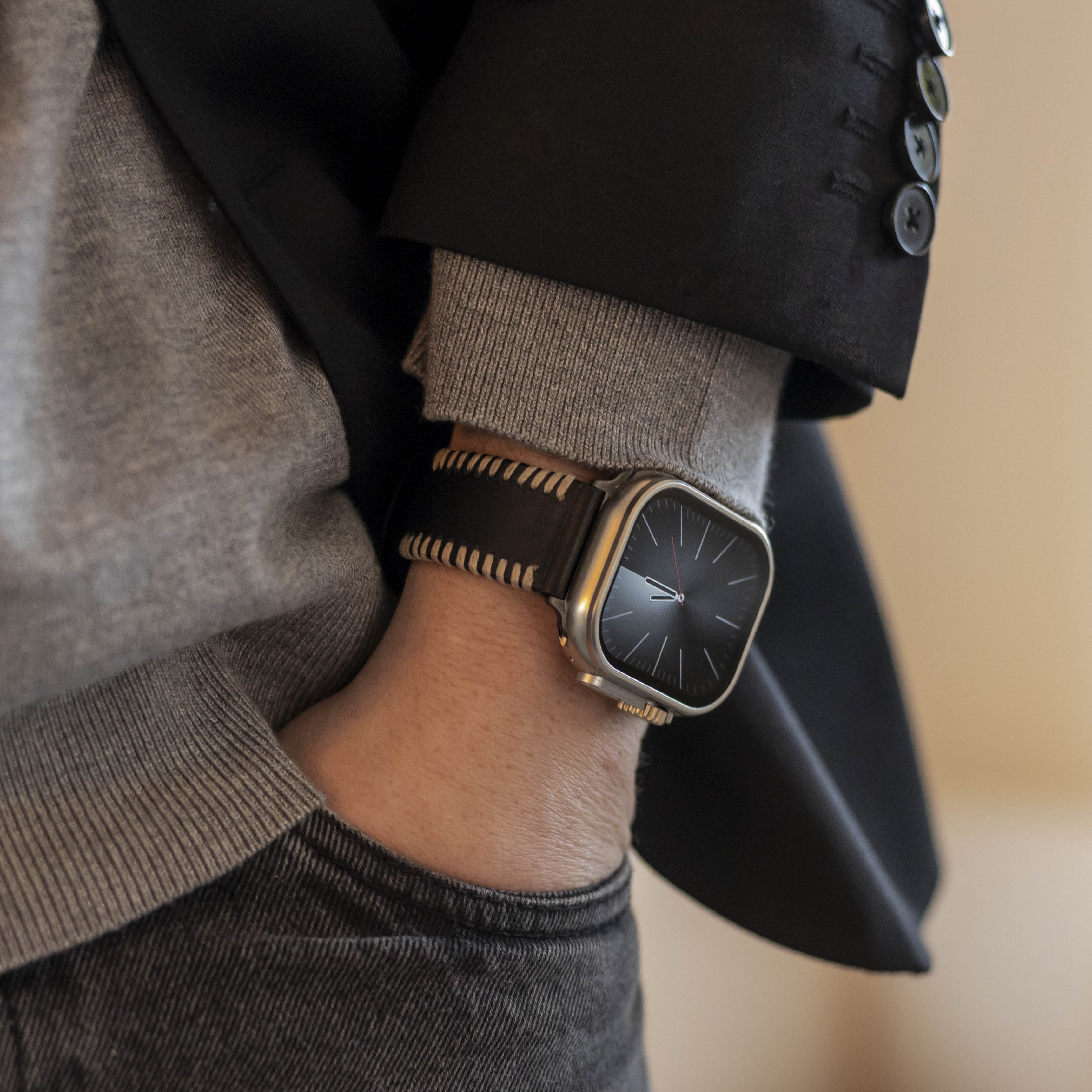 Apple Watch Ultra Stitched Leather Strap (Black)