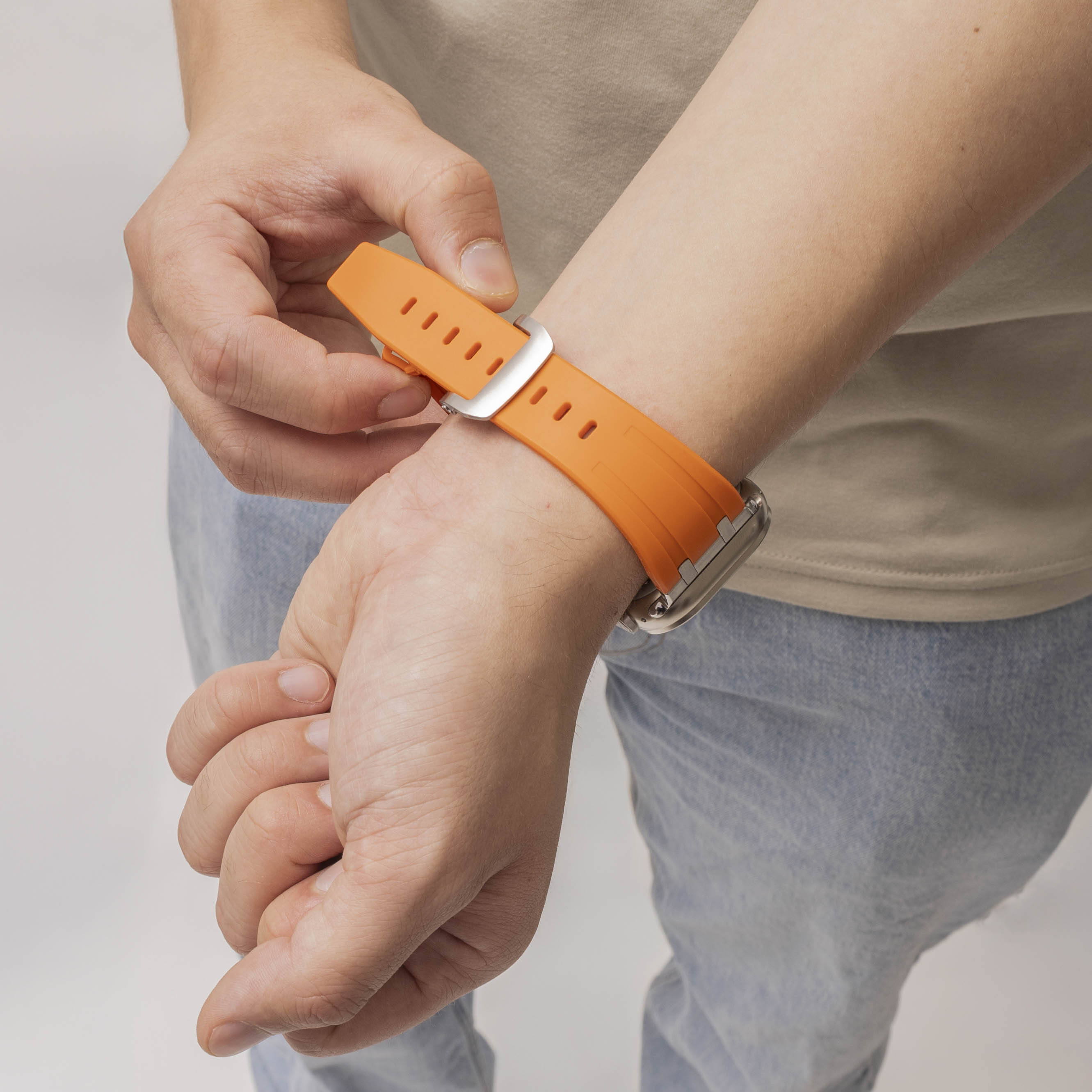 Bandz Apple Watch Ultra Silicone Strap 'Luxe Liquid' (Orange/Silver)