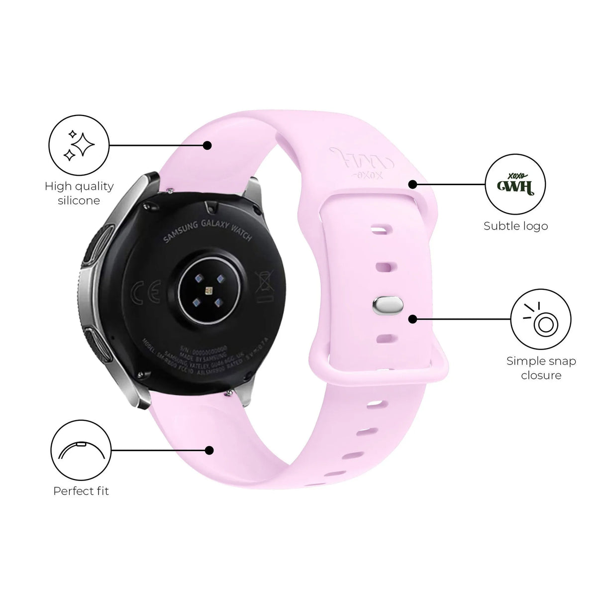 Silicone Strap, bright pink, infographic (USP banner)