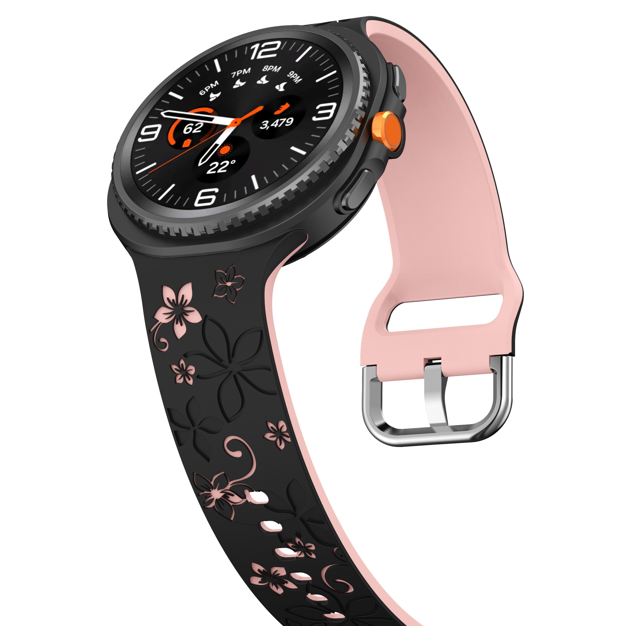 Samsung Galaxy Watch 8 - 44mm Flower Silicone Strap (Black/Pink)