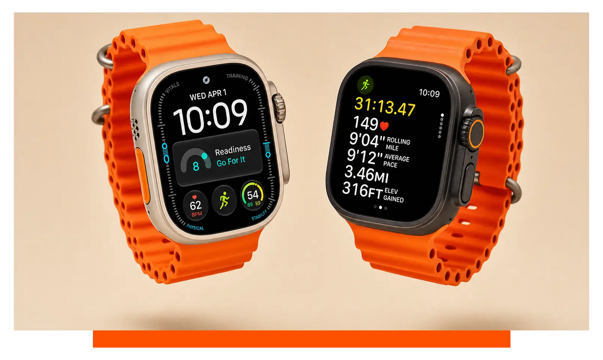 Two smartwatches shown side by side, floating in the studio - Apple Watch Ultra 4 and Apple Watch Ultra 3