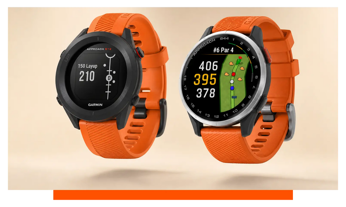 Two smartwatches shown side by side, floating in the studio - Garmin Approach S12 and Garmin Approach S44