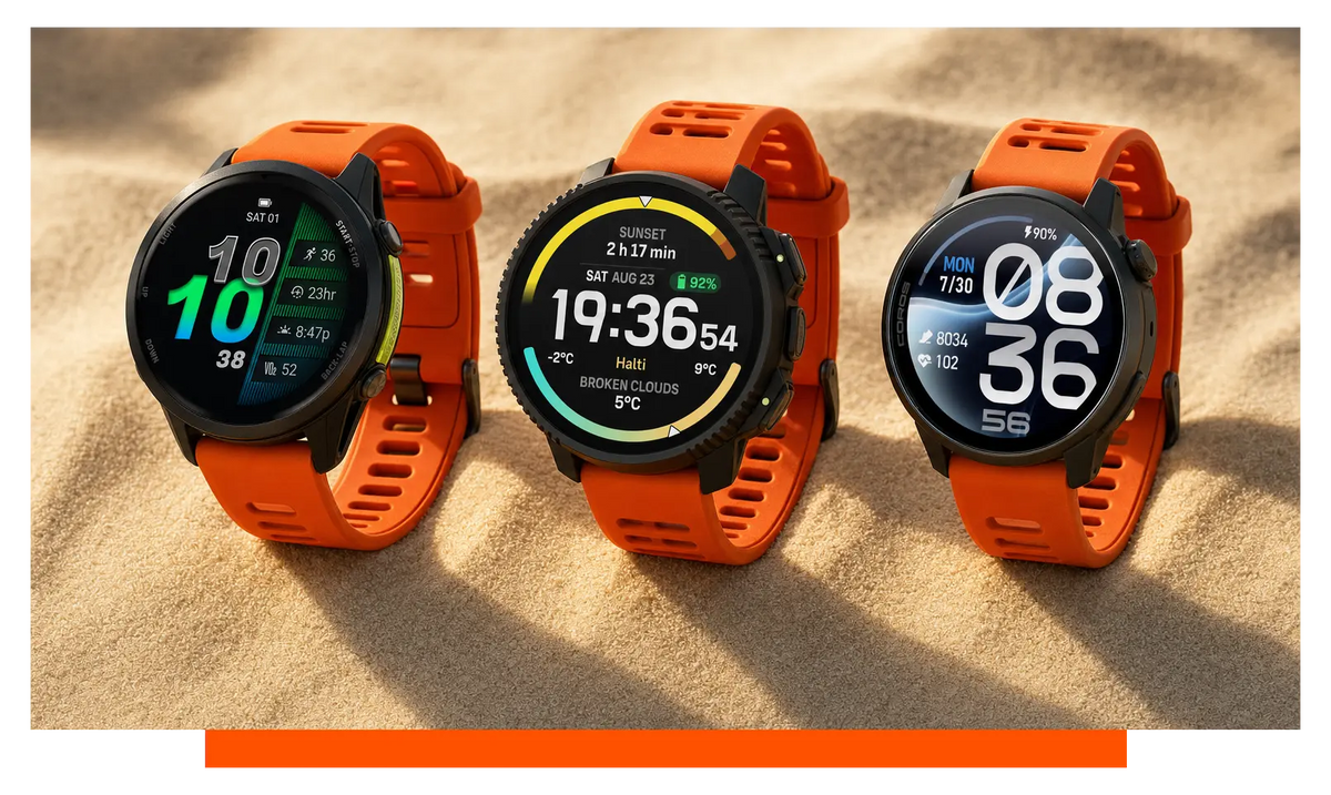 Three smartwatches shown side by side, in warm sand - Garmin Forerunner 970 and Suunto Vertical 2 and Coros Pace 4 Pro