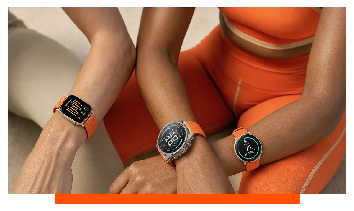 Three smartwatches worn on separate wrists, worn, mid-workout - Apple Watch Series 12 and Garmin Fenix 9 and Polar Vantage M3