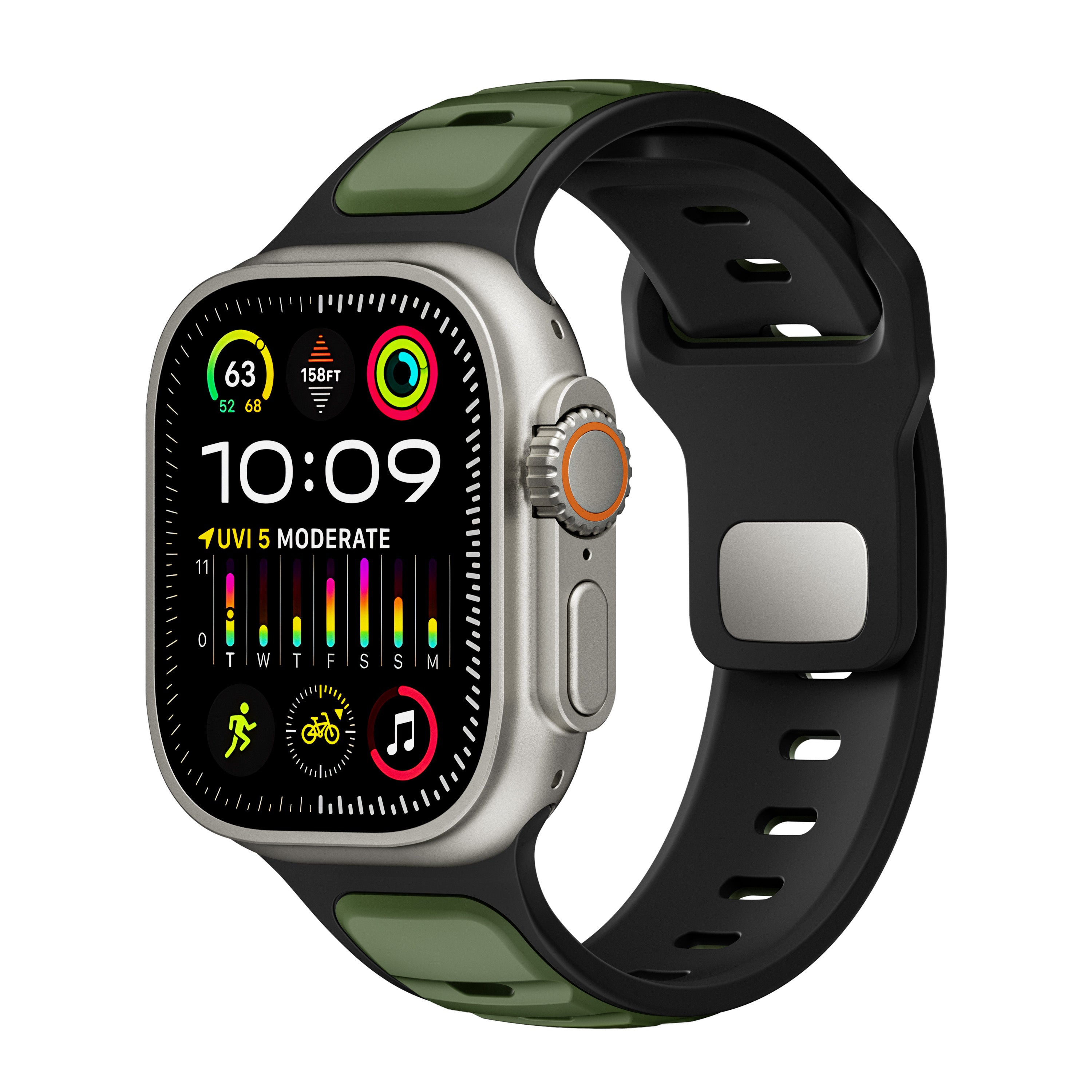 Correa de silicona premium outdoor Apple Watch (verde militar/negra)