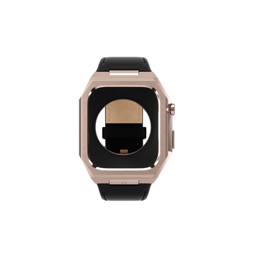 Reqior Funda de metal con correa de cuero Apple Watch 45mm (rosa dorado/negro)