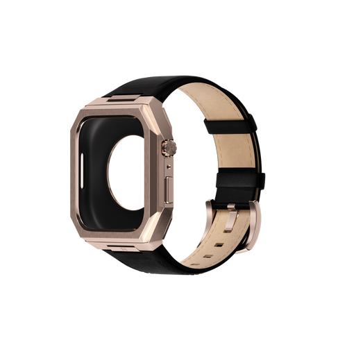 Reqior Funda de metal con correa de cuero Apple Watch 45mm (rosa dorado/negro)