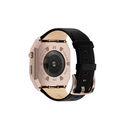 Reqior Funda de metal con correa de cuero Apple Watch 45mm (rosa dorado/negro)