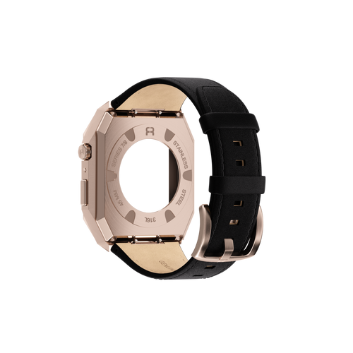 Reqior Funda de metal con correa de cuero Apple Watch 45mm (rosa dorado/negro)