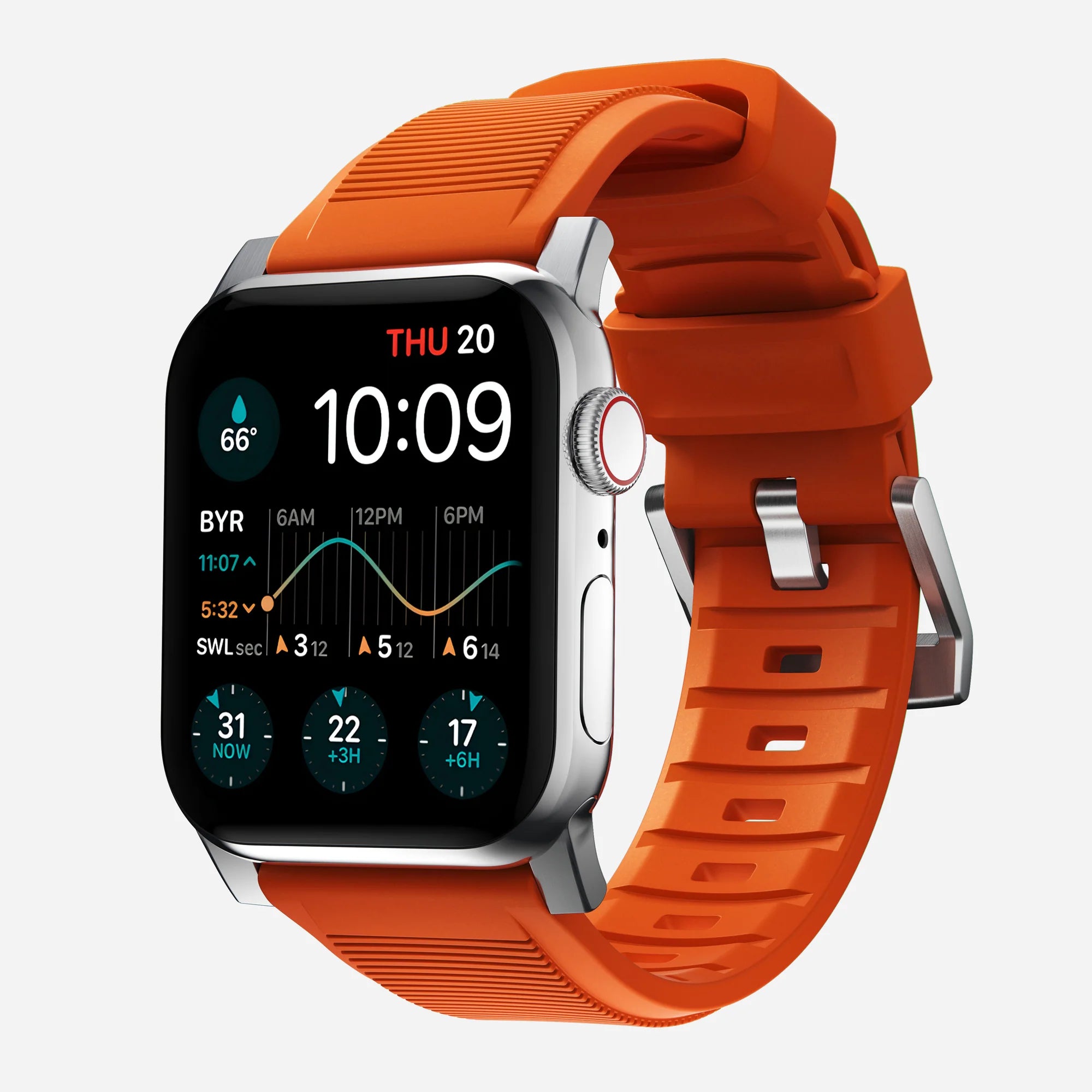 Nomad Rugged Apple Watch Silikonarmband Silber/Ultra Orange)
