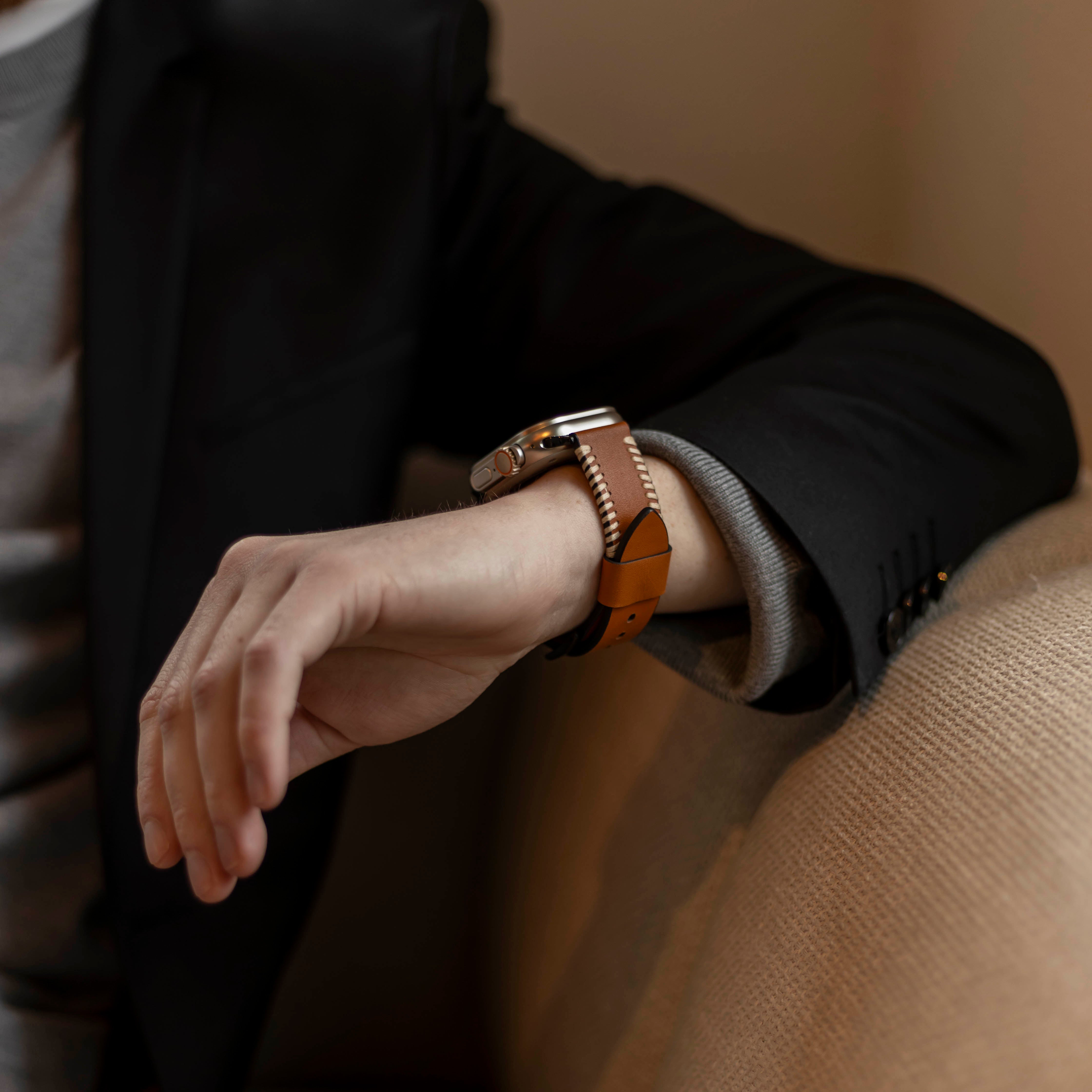 Correa de cuero cosida Apple Watch (marrón)