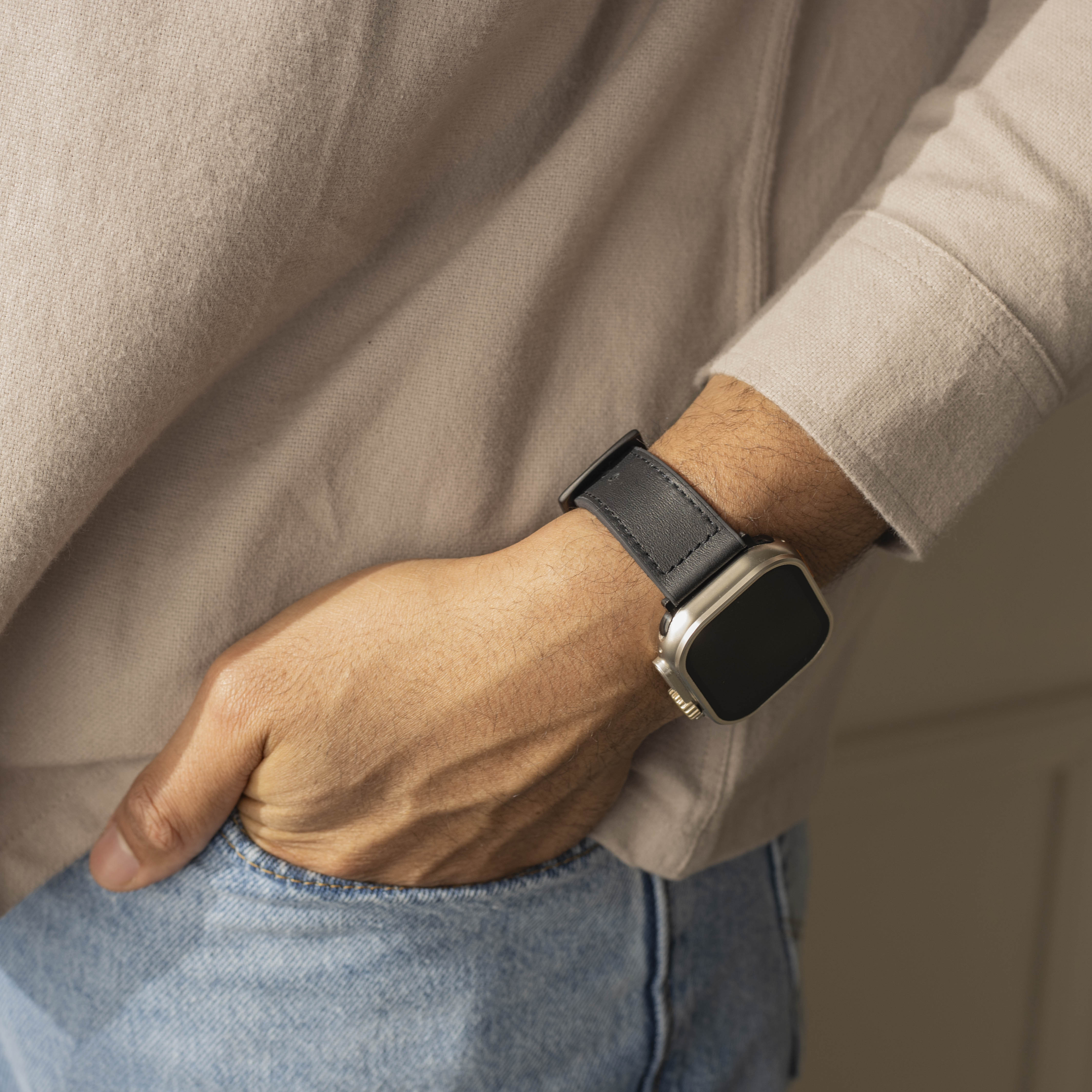 Correa cuero híbrido hebilla Apple Watch (negro)