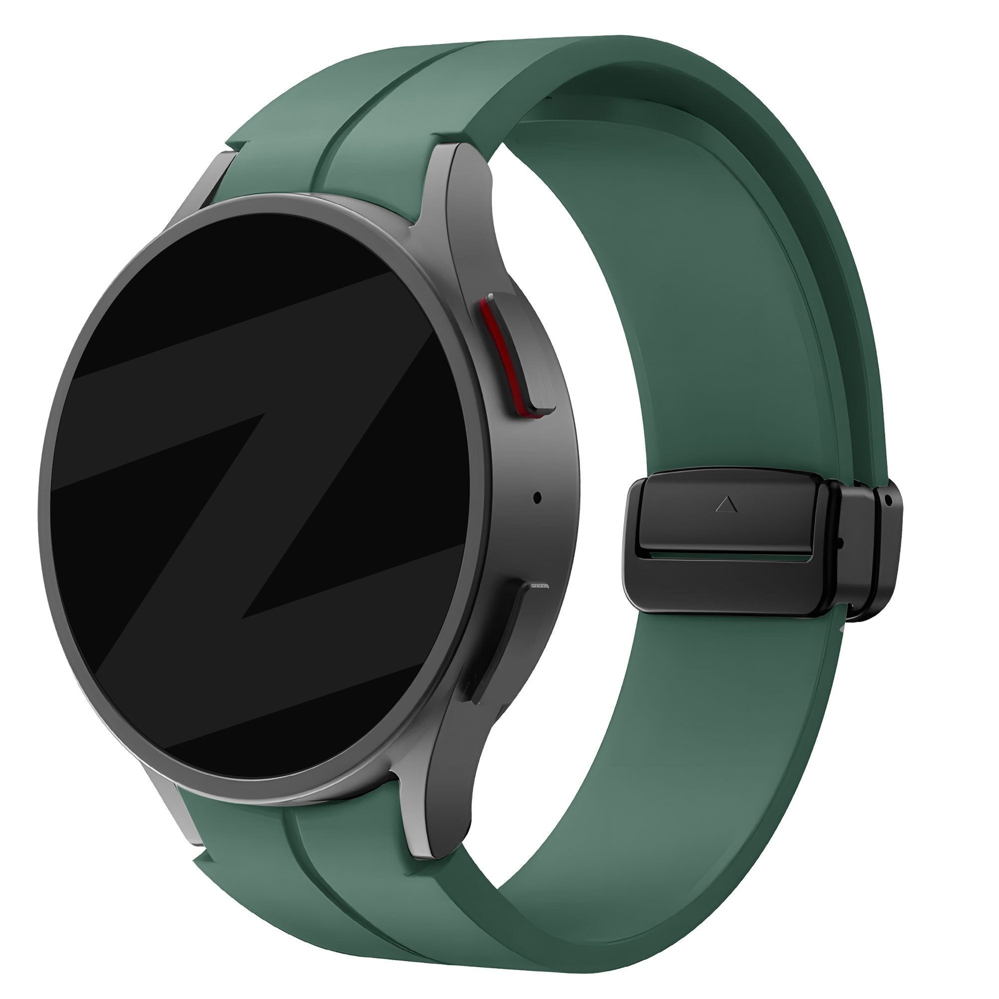 D-Buckle Silicone Strap, dark green, on a watch, 3/4 front view