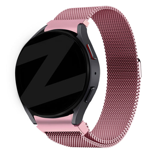Milanese Loop Strap, pink, on a watch, 3/4 front view