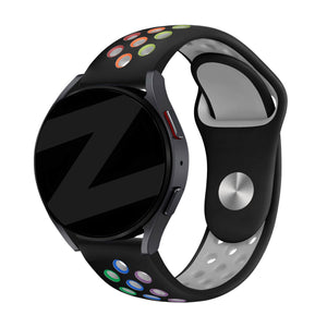 Silicone Sport Strap 'Deluxe', black/colourful, on a watch, 3/4 front view