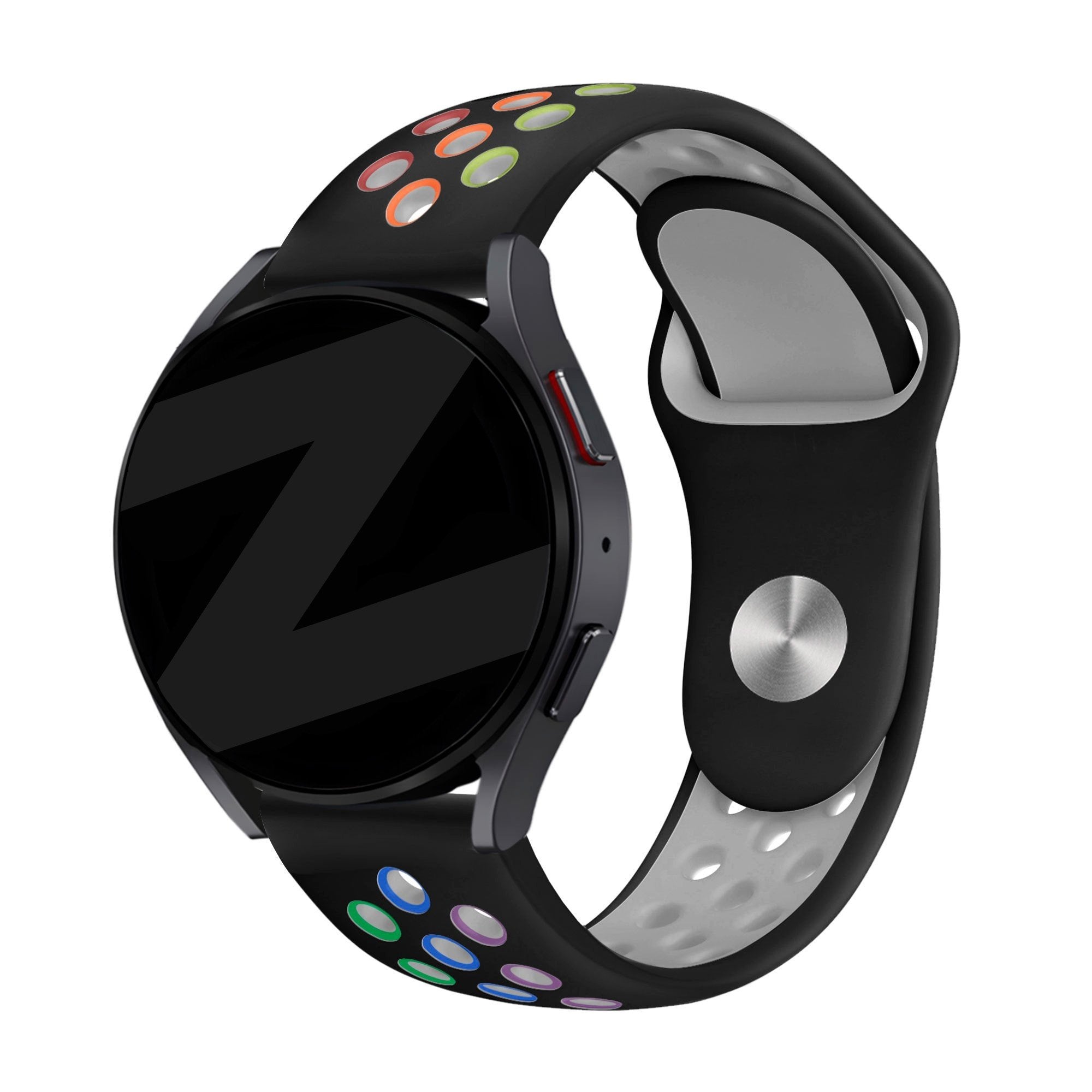 Silicone Sport Strap 'Deluxe', black/colourful, on a watch, 3/4 front view