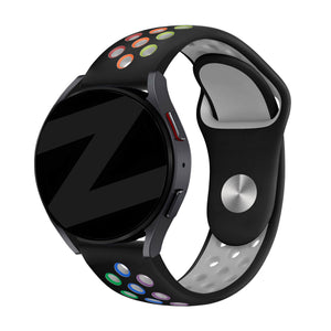 Silicone Sport Strap 'Deluxe', black/colourful, on a watch, 3/4 front view