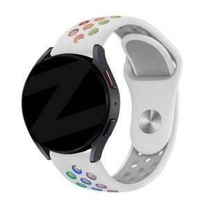 Silicone Sport Strap 'Deluxe', white/colourful, on a watch, 3/4 front view