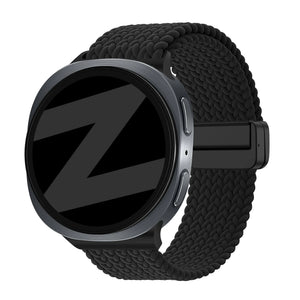 Nylon Braided Strap 'Easy Fit', black, on a watch, 3/4 front view