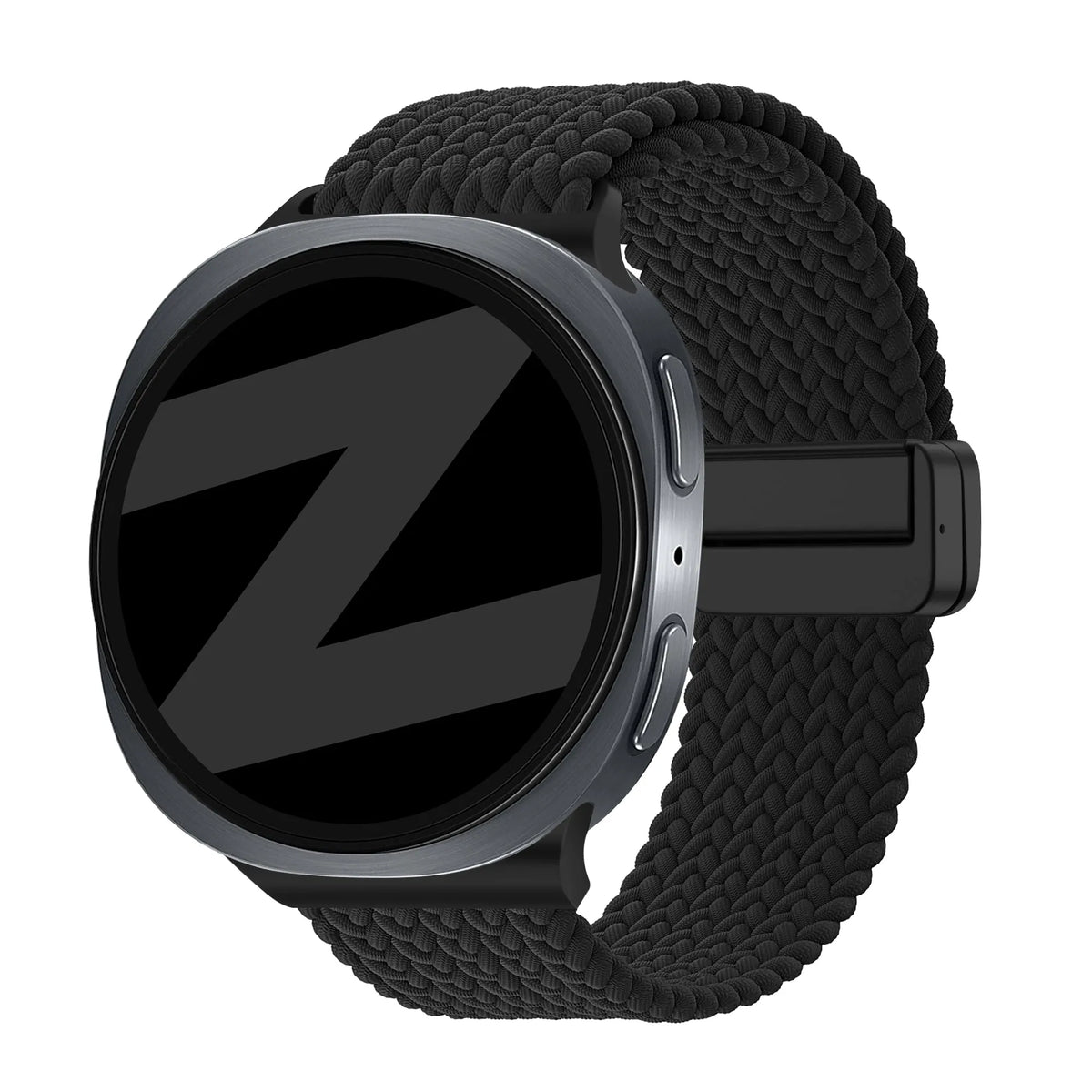 Nylon Braided Strap 'Easy Fit', black, on a watch, 3/4 front view