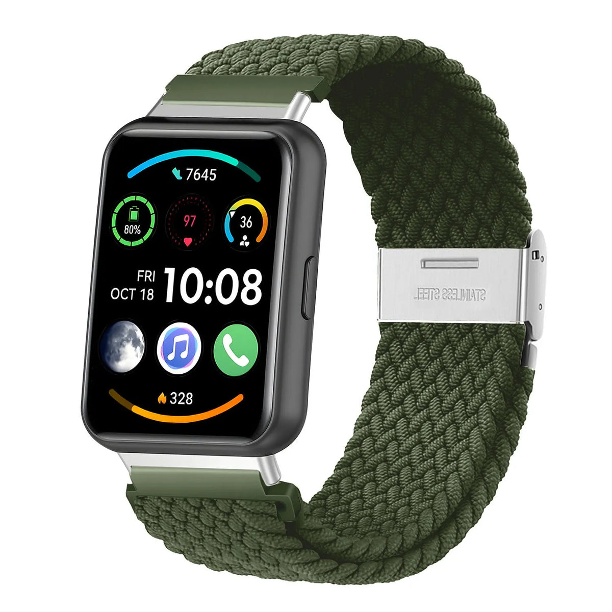 Nylon Adjustable Braided Strap, green, on a watch, 3/4 front view