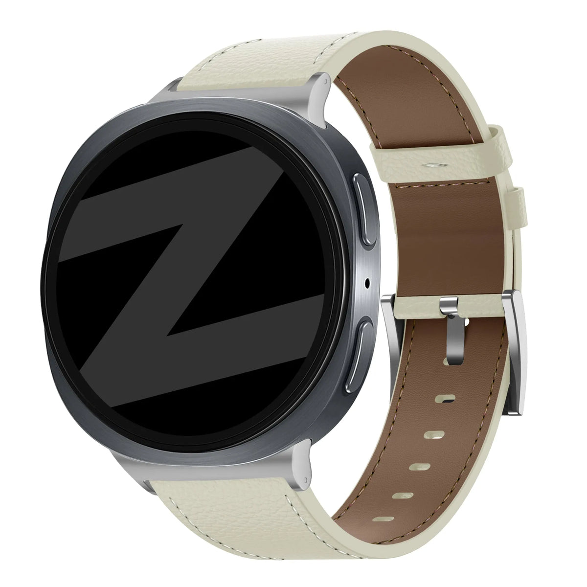 Leather Strap 'Deluxe', beige, on a watch, 3/4 front view