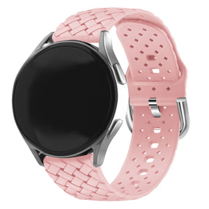 Braided Silicone Strap, pink, on a watch, 3/4 front view
