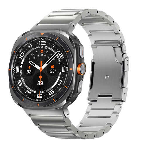 Titanium Strap 'Classic', silver, on a watch, 3/4 front view