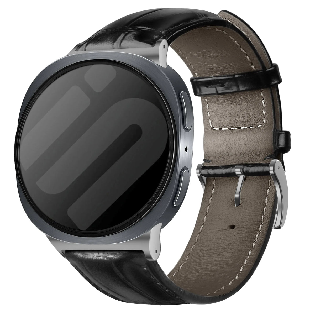 Leather Strap Crocodile Grain, black, on a watch, 3/4 front view