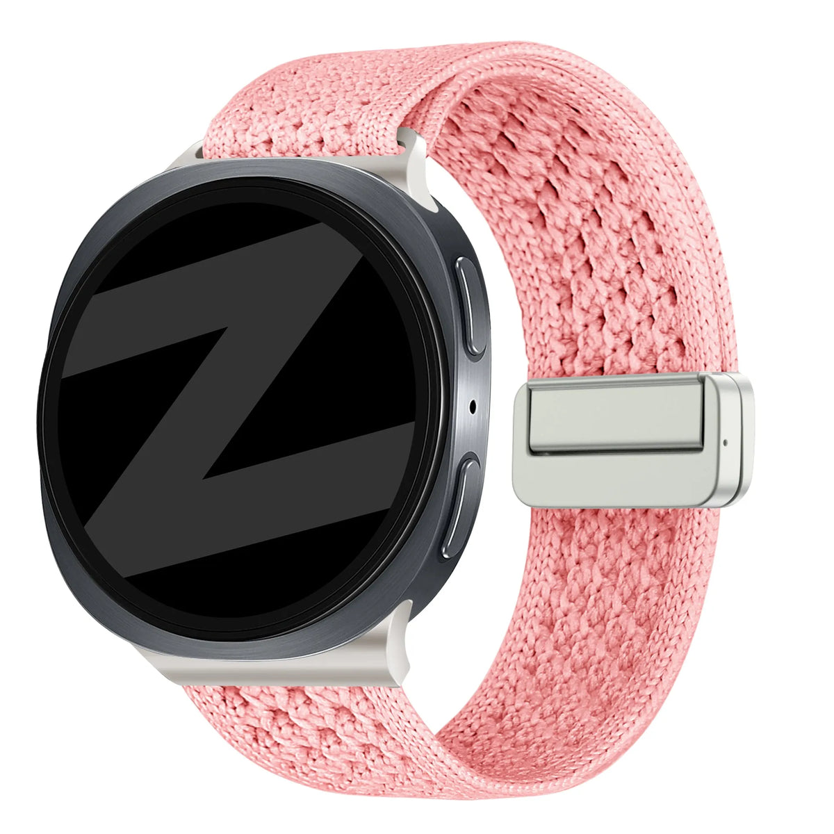 Vintage Nylon Strap, pink, on a watch, 3/4 front view