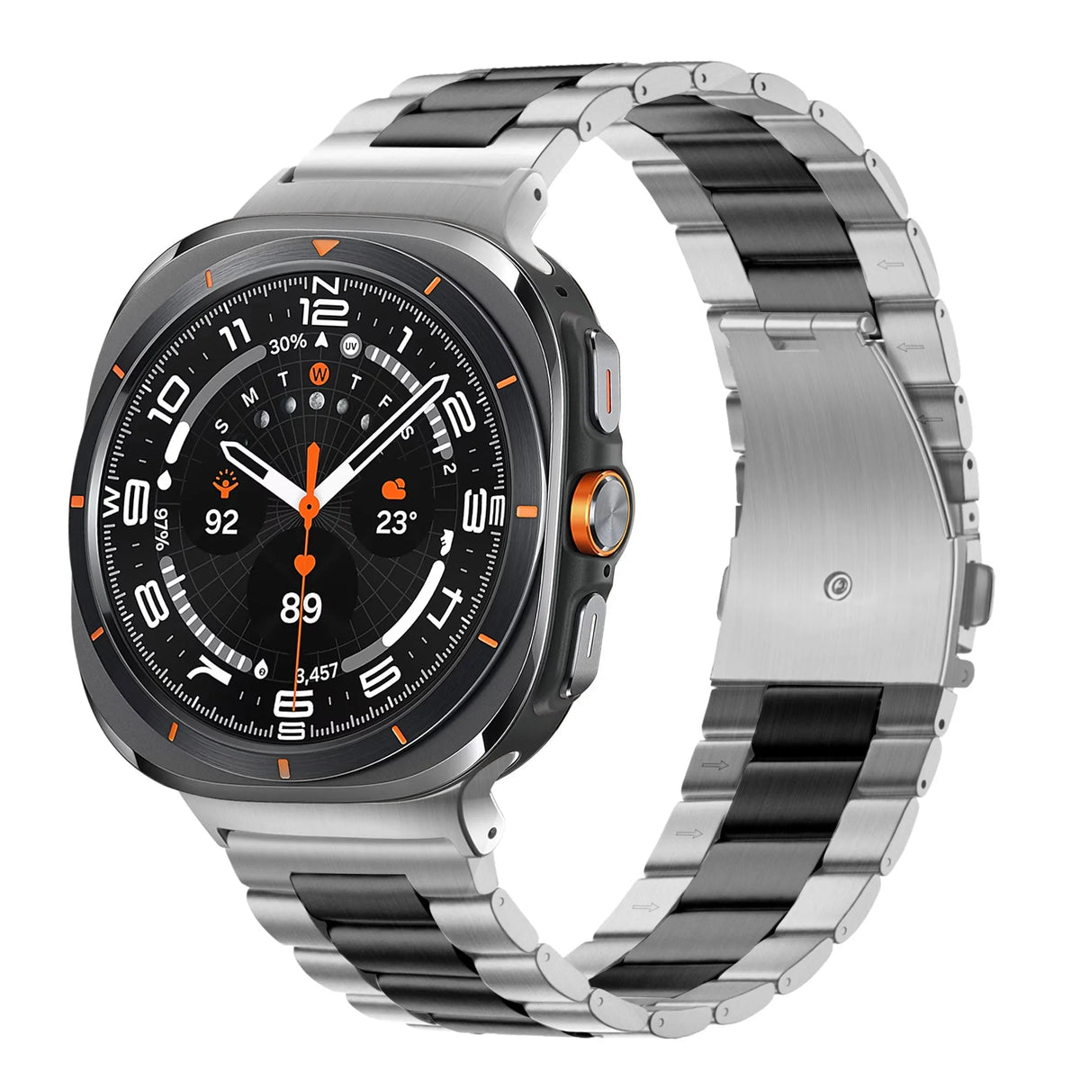 Steel Strap 'Classic', silver/black, on a watch, 3/4 front view