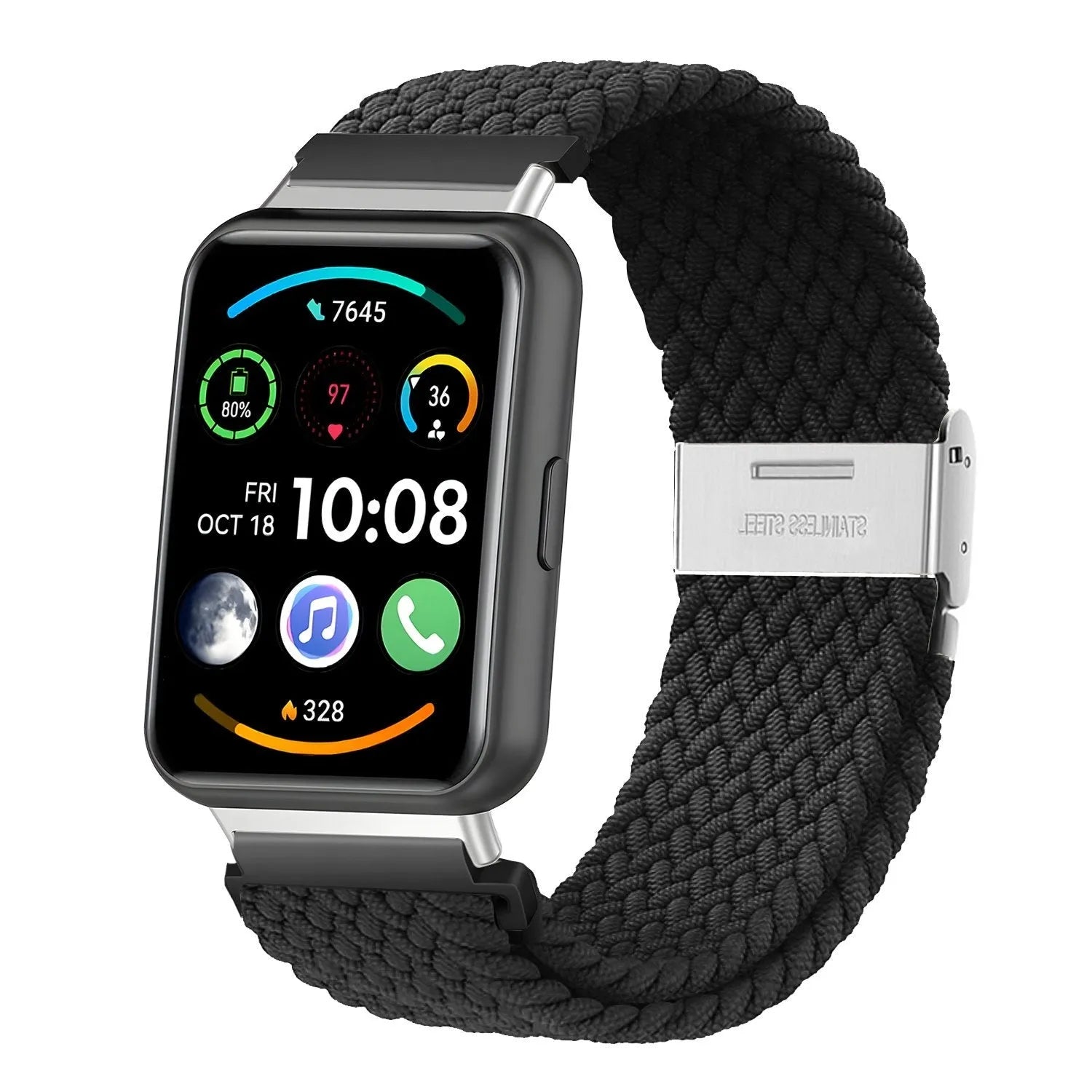 Nylon Adjustable Braided Strap, black, on a watch, 3/4 front view