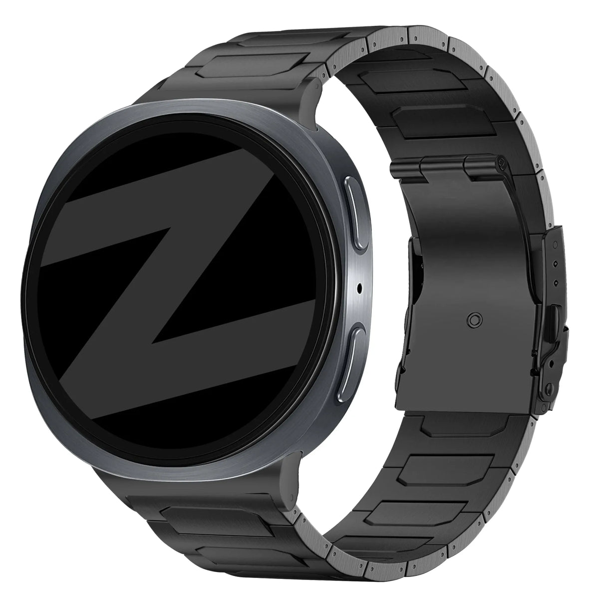 Titanium Strap 'Deluxe', black, on a watch, 3/4 front view