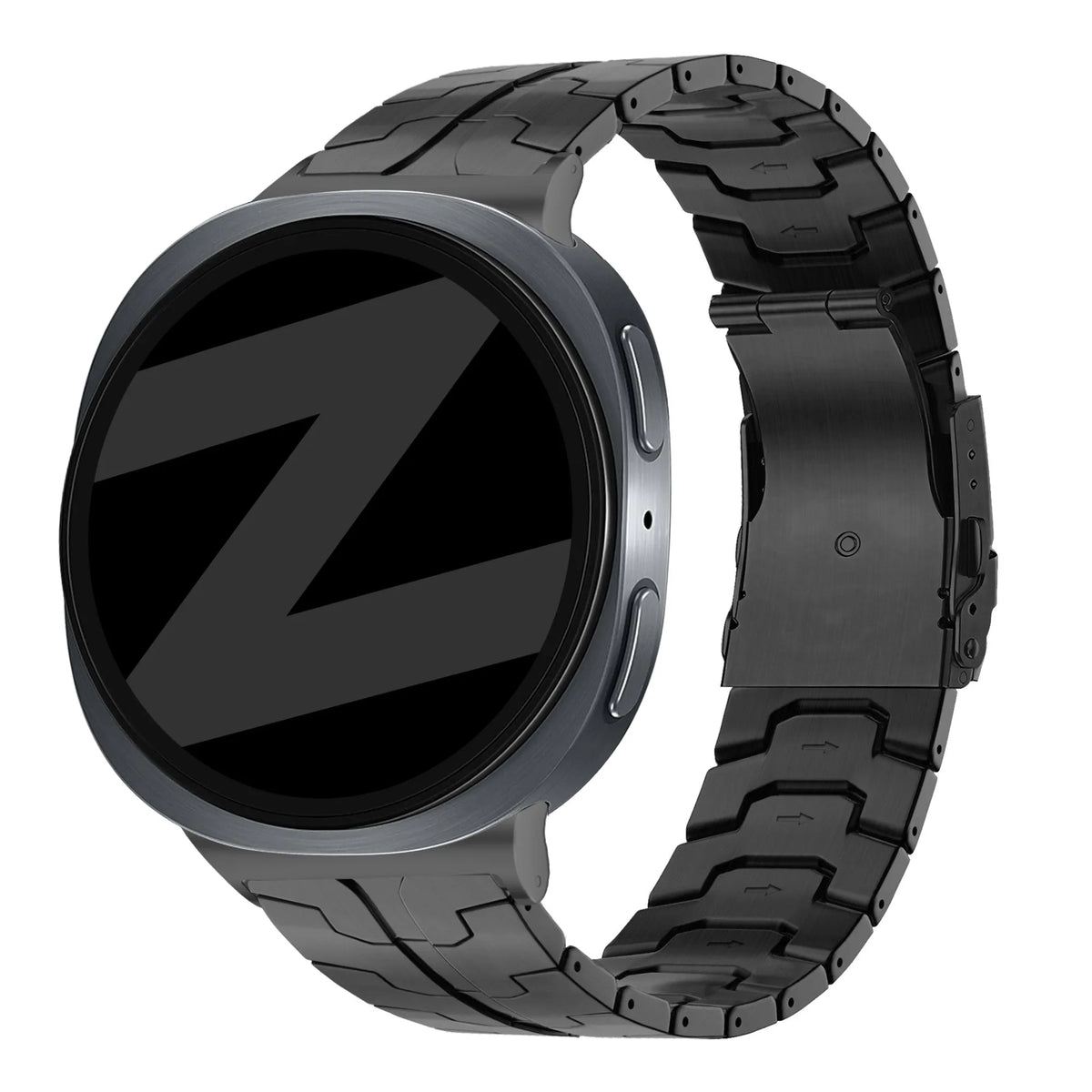 Titanium Strap 'Iron', black, on a watch, 3/4 front view
