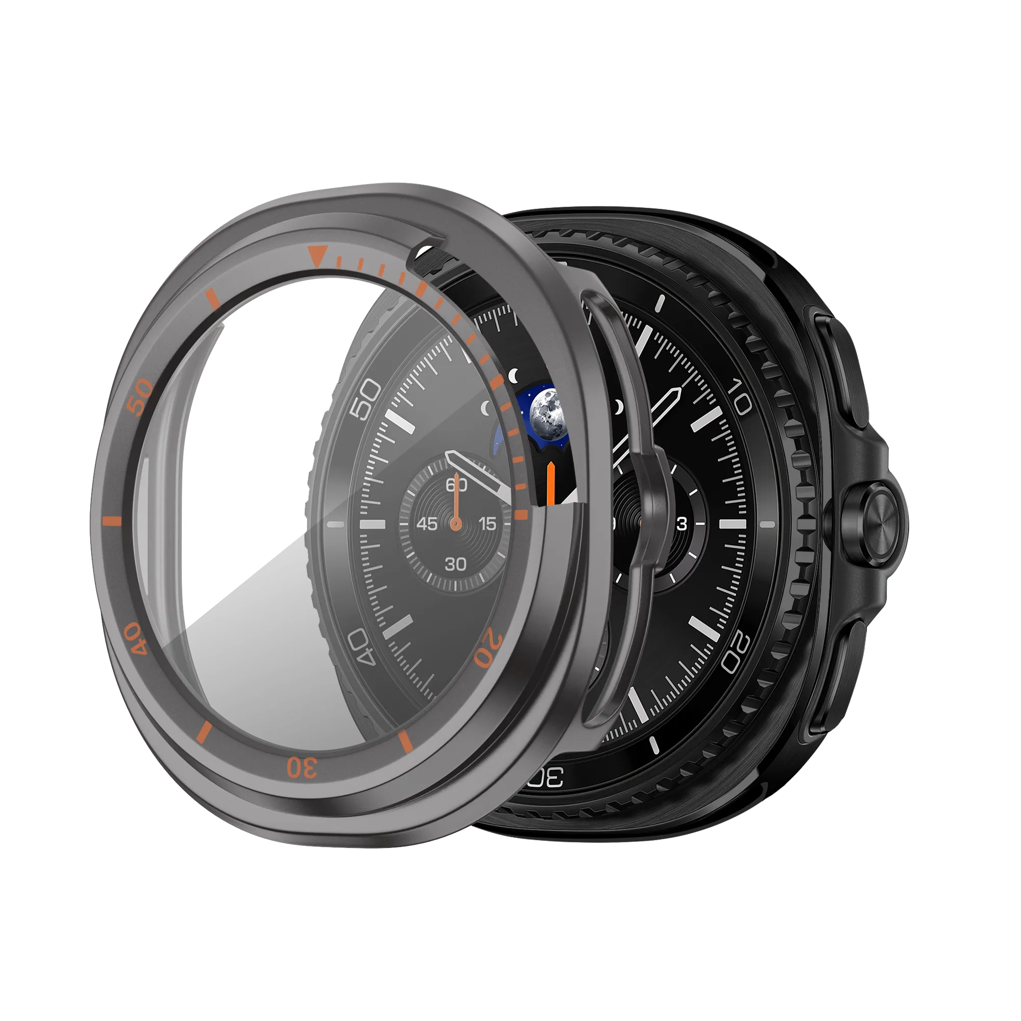 Bandz Samsung Galaxy Watch 8 Classic bezel hoesje met glas (titanium grijs/oranje)