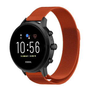 Milanese Strap, orange, on a watch, 3/4 front view