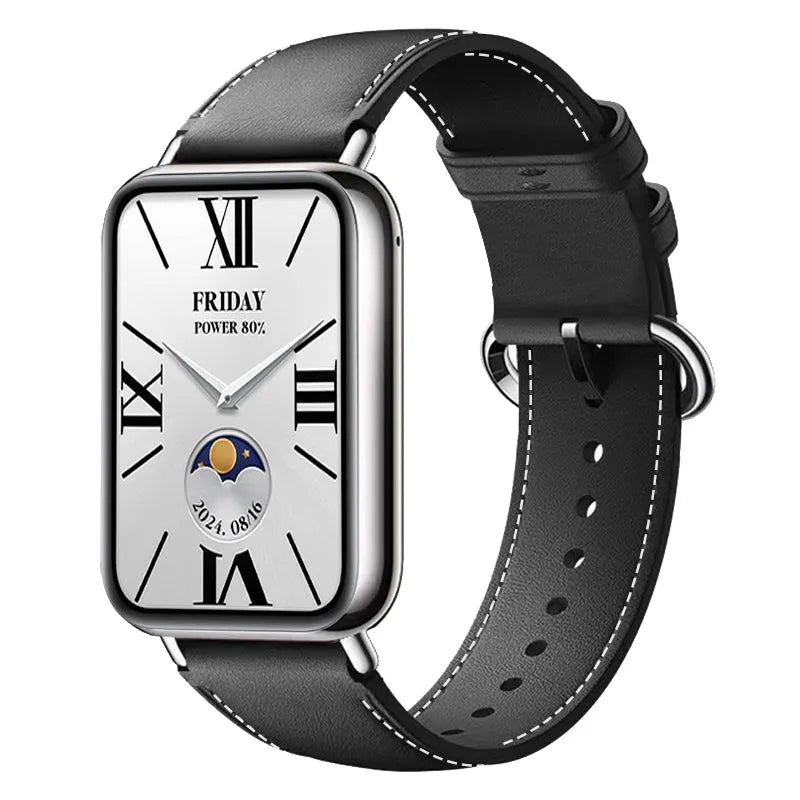 Leather Strap, black, on a watch, 3/4 front view