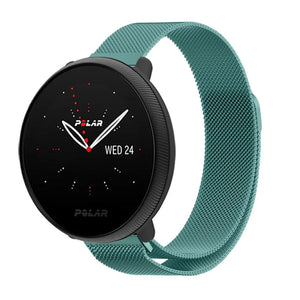 Milanese Strap, green, on a watch, 3/4 front view