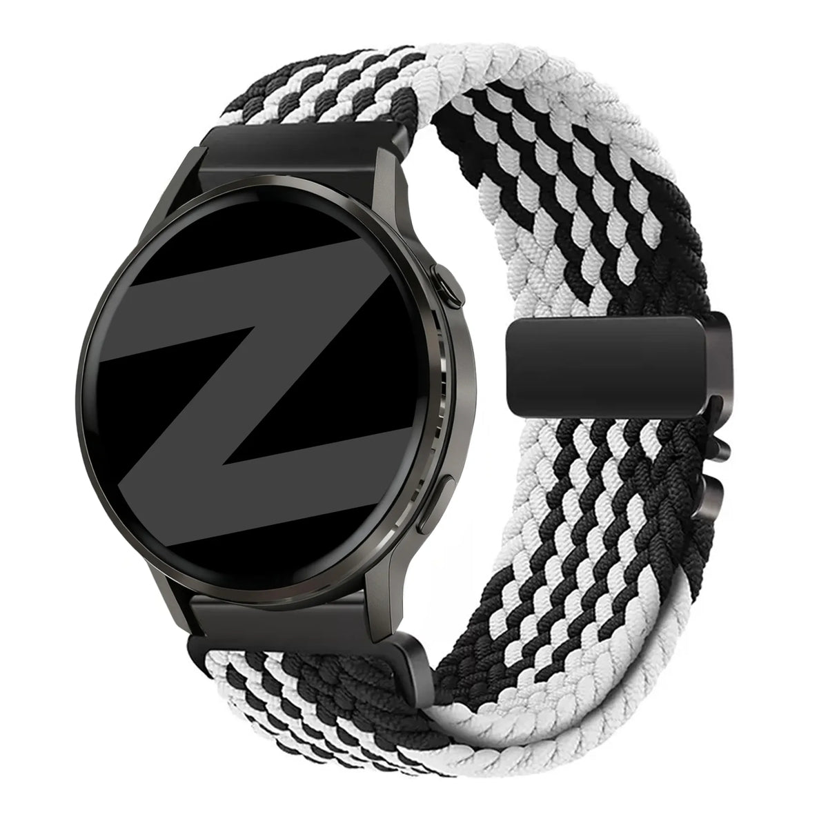 Nylon Braided Strap 'Parachute', black/white, on a watch, 3/4 front view