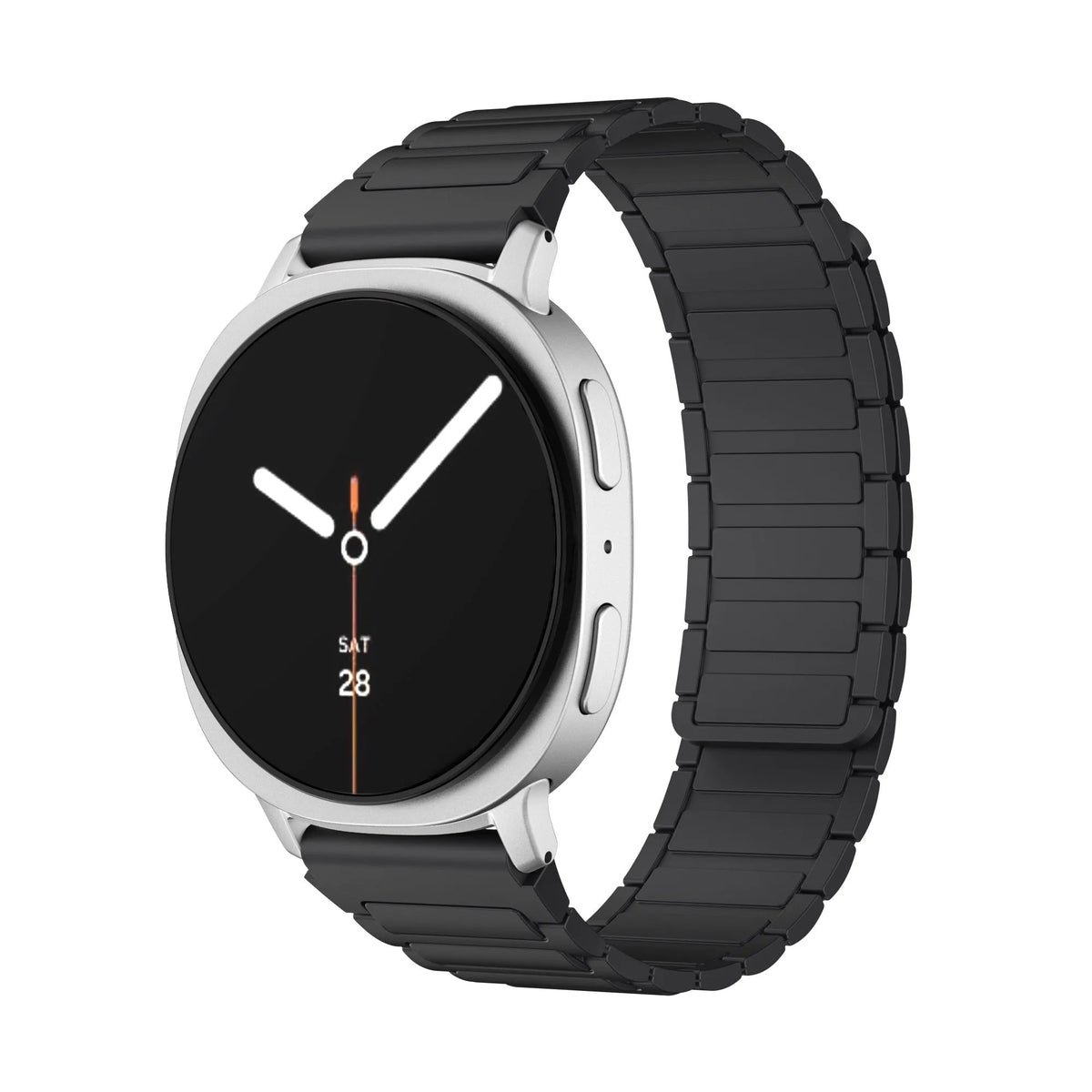 Magnetic Silicone Strap, black, on a watch, 3/4 front view