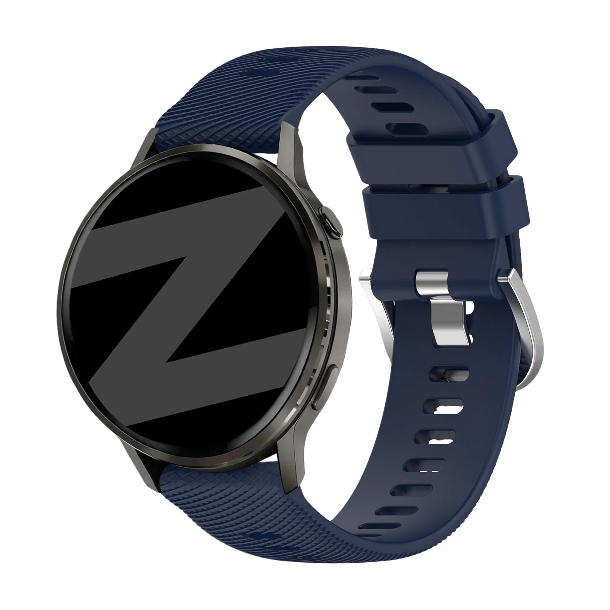 Silicone Strap 'Deluxe', dark blue, on a watch, 3/4 front view