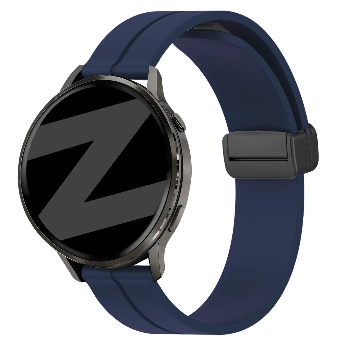 D-Buckle Silicone Strap, dark blue, on a watch, 3/4 front view