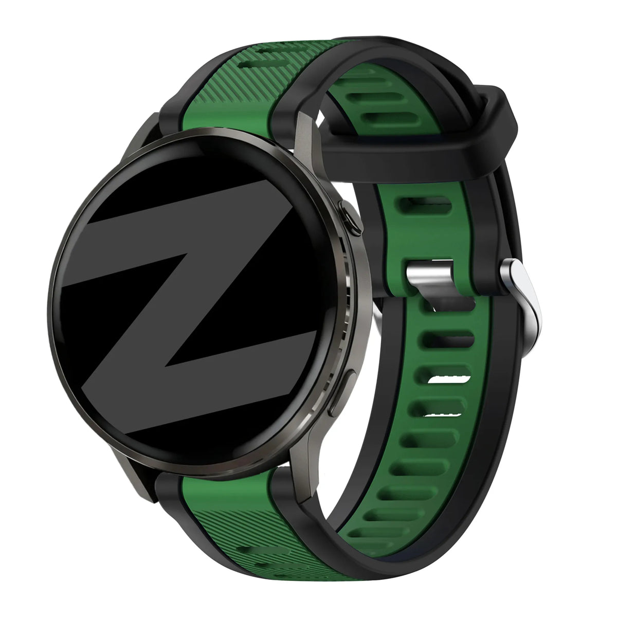 Silicone Dual Buckled Sport Strap, black/green, on a watch, 3/4 front view